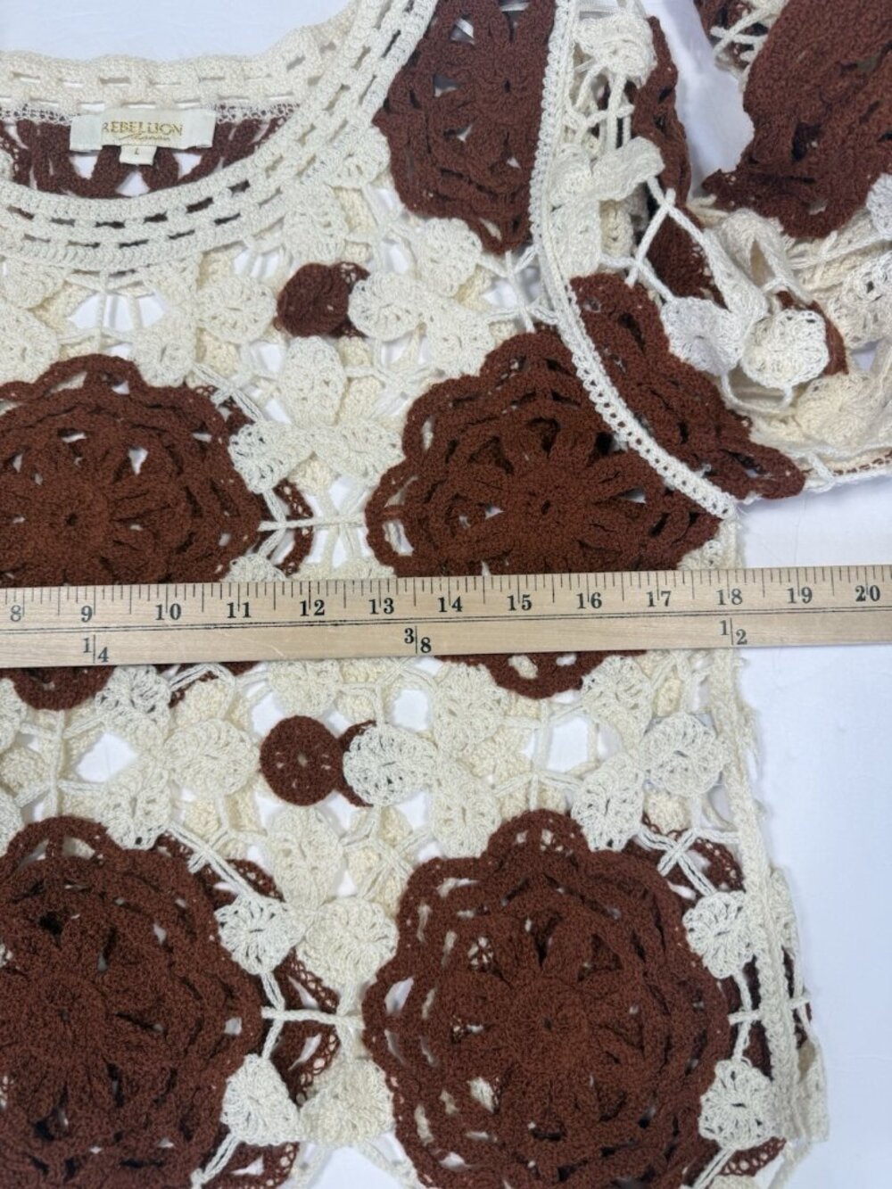 Rebellion Again Crochet Sweater Womens L Brown White Floral Open Boho Festival - Picture 9 of 11